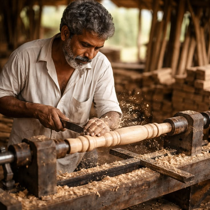 Artisan turning a wooden baluster on a lathe